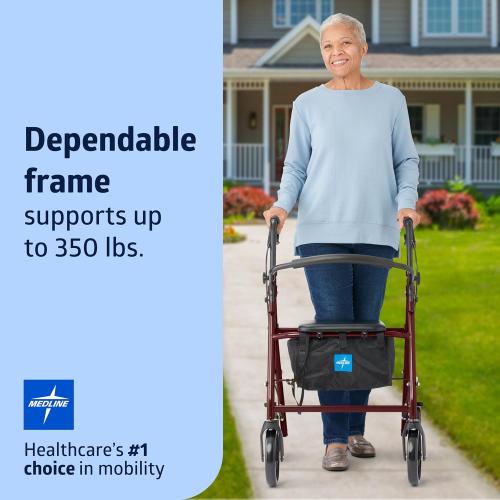 Medline Steel Rollator Walker for Adult Mobility Impairment, Burgundy, 350 lb. Weight Capacity, 8” Wheels, Foldable, Adjustable Handles, Rolling Walker for Seniors