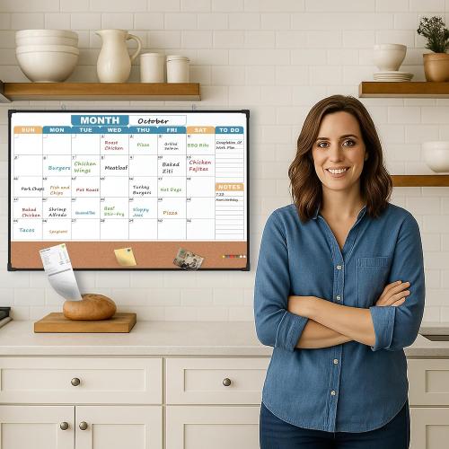 Monthly Calendar Dry Erase Board 36x24 Inch, Double-Sided Whiteboard and Corkboard Combo with Black Aluminum Frame (Color Calendar), Wall Mounted Planner with Marker, Magnet, Push Pin, Eraser