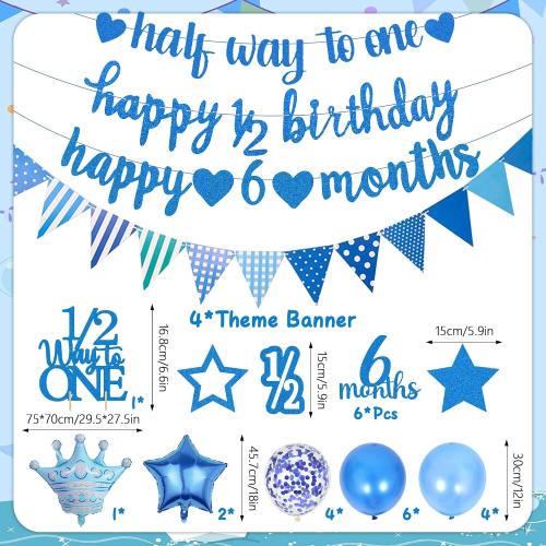 Half Birthday Decorations Banner Supplies - 28 Pcs Blue Happy 1/2 Year Birthday Banner Heart Crown Balloons Pennant Glitter Cake Topper for Baby Boy 6 Months Party Decor