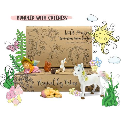 WILD PIXY Baby Miniature Fairy Garden Set – Springtime Fairy Accessories Kit with Gorgeous Fairies and Animals, Indoor/Outdoor Figurines in Designer Gift Box, Perfect for Garden Decor