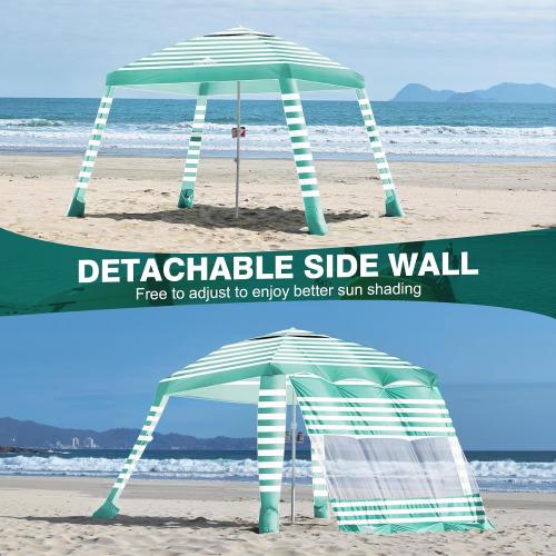 Rhino Valley Beach Cabana, 8 * 8FT Beach Tent UPF50  Protection, Easy Setup Beach Canopy Wind Resistant with Cup Holder, Compact Beach Shade Foldable Beach Tent Sun Shelter, Green White