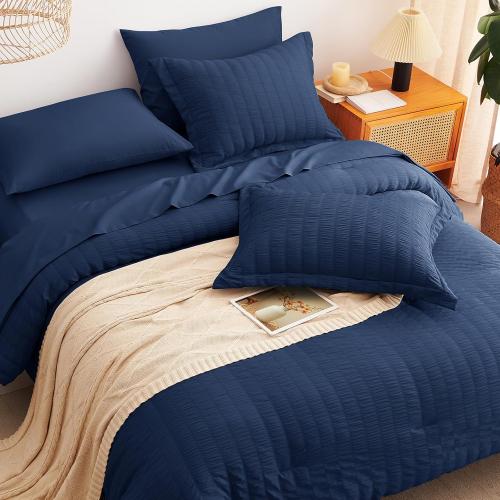 CozyLux Queen Comforter Set **Navy Blue** Seersucker 7 Pieces Bed in a Bag Queen Comforter Set with Sheets Luxury Soft Bedding Set with Down Alternative Comforter, Sheets, Pillowcases & Shams All Seasons