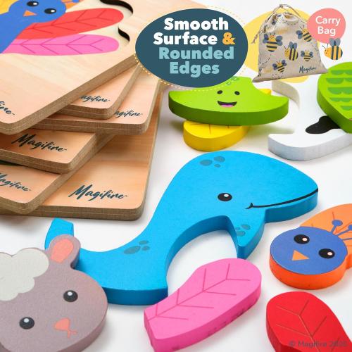Magifire Wooden Puzzles, Set of 6 Puzzle Toys for Kids Toddlers 1–3, Baby Educational Animal Toys with Chunky Pieces & Bag for Easter - Whale, Peacock, Woodpecker, Cow, Sheep, Frog