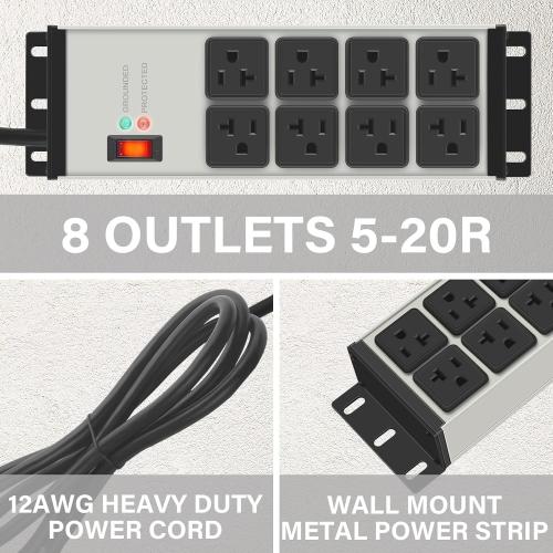 CCCEI Heavy Duty Power Strip Surge Protector 20 AMP, 8 Outlets 12 Gauge Industrial Shop Garage Metal Multiple Outlets, 6 FT Extension Cord 5-15P Adapter High Amp 6-20R T-Slot 20a for Appliance