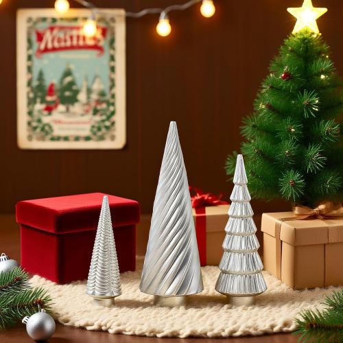 DN DECONATION Silver Christmas Tree Figurines Set of 3, Table Top Xmas Tree Decor with Glitter, Modern Pine & Swirl Design, Resin Christmas Trees for Mantel, Desk, Fireplace,Holiday Centerpiece