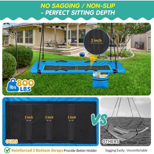 800lb 60 Large Platform Tree Swing for Kids Adults with Pocket, Anti-Sagging Outdoor Rectangle Flat Swing for Swing Set with Handles (Dark Blue)