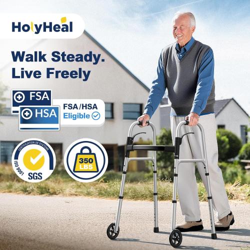 Folding Walkers for Seniors with 2 Skis and 5 Wheels, Lightweight Adult Rolling Walker, Supports Up to 350 Pounds, Adjustable Height, Aluminum Standard Walker, Silver