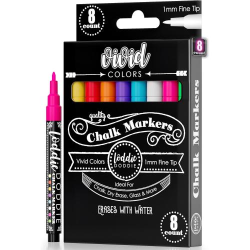 Loddie Doddie Fine Tip Liquid Chalk Markers - Pack of 8, 1mm Tip - Precision Pens for Chalkboard Calendar Art - Quick-Wipe Chalk Pens for Glass & Mirrors - Vibrant Neon Car Window Markers