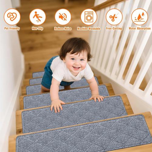 Stair Treads Non-Slip for Wooden Steps, 15Pack - 8 x 30 Edging Stair Runner Indoor for Kids Elders & Pets, Washable Carpet Stair Treads with Peel & Stick Reusable TPE Backing, Grey