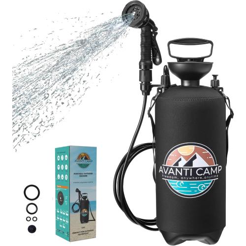 2.1 Gallon Pressurized Portable Camping Shower | 10-Mode Spray Head | Premium Neoprene Insulated Sleeve & Padded Shoulder Strap | Rinse Kit for Surf, Sand, RV, Road Trips & Pets | Black