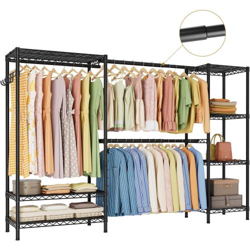 Golpart Heavy Duty Garment Rack Clothes Rack,Large Metal Closet Organizer System Storage Wardrobe,Freestanding Clothing Rack with 7 Adjustable Wire Shelves&3 Hang Rods,MaxLoad 1500lbs