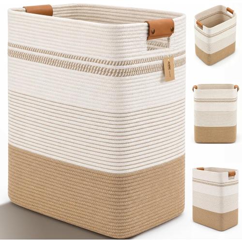 Laundry Hamper, Cotton Rope Laundry Basket with Leather Handles, 21.1-Gallon/80 L Large Clothes Hampers for Laundry, Handwoven Laundry Baskets for Blankets, Children Toys, Bedroom, Living Room
