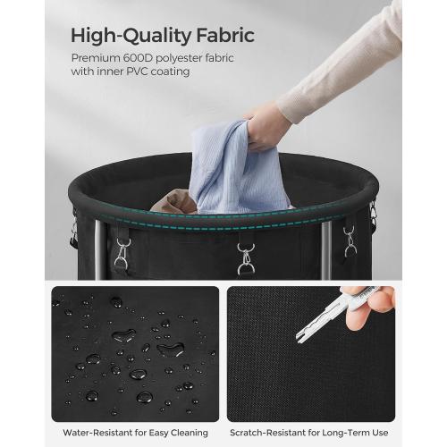 SONGMICS 50.2-Gallon (190 L) Laundry Basket with Wheels, Rolling Round Heavy-Duty Laundry Hamper Cart with Steel Frame and Removable Bag, 2 Locking Wheels, Ink Black and Metallic Silver URLS001B01