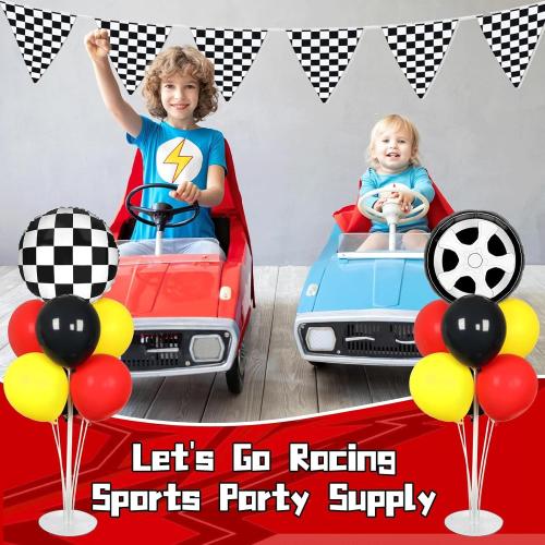 2 Pack Red Yellow and Black Race Car Party Balloons Stand Kit 2 Sets With 2 Checkered Foil Balloon Racing car Party Balloon Red Black Yellow Race Car Birthday Party Decor Set For Boys Let's go Racing New Year Party Decorations