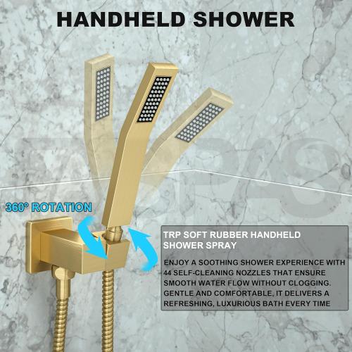 Shower System with Tub Spout, Shower Faucet Set with 10 Inch Rain Showerhead Handheld Shower Tub Spout, Wall Mounted High-Pressure Showerhead Combo Set Included Valve and Trim, Brushed Gold