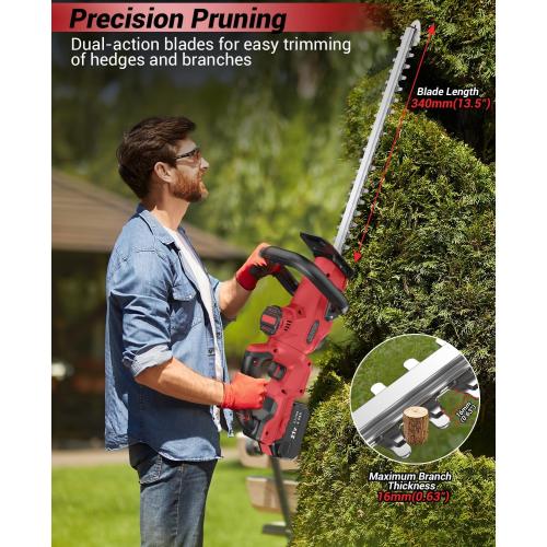 Hedge Trimmer Cordless, 21V Electric Hedge Trimmer with 4000mAh Rechargeable Battery, 14 Dual-Action Blades, 180° Adjustable Branch Cutter, Blade Cover for Hedges, Bush, Branches, Shrubs, Twigs