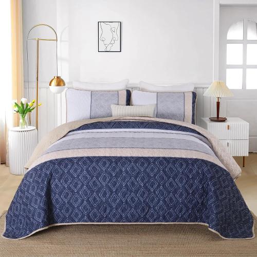 Cottolester Boho Quilt Set Queen Size 3 Pieces,Khaki and Navy Blue Striped Bedspread Coverlet Set,Bohemian Bedding Set Soft Microfiber Bedding Set for All Season 96x90