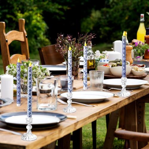 Baquler 6 Pcs Chinoiserie Flameless Candles 10.6 Inch Blue and White Battery Operated Led Candlesticks Chinoiserie Decor Porcelain for Holiday, Wedding, Party Table Centerpiece Home Decor