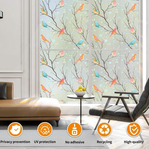 Bird Window Film Upgraded Reusable Stained Glass Window Film - No Glue, Decorative Privacy for Home Windows (Colorful Birds, 17.5 X 78.7 in)