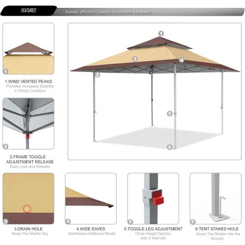 ABCCANOPY 13x13 Pop Up Canopy Base on 10x10 Canopy Frame with Double Ventilated Top, 4 Sandbags, 4 Ropes and 8 Stakes (Beige)