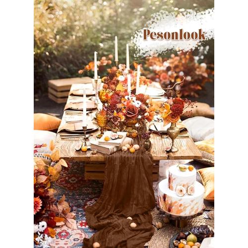 Pesonlook 24 Pack Cheesecloth Table Runner, 10FT Brown Table Runner Long Romantic Semi Sheer Rustic Boho Gauze Table Runners for Wedding Bridal Shower Birthday Party Decorations(21.5×120 Inch)