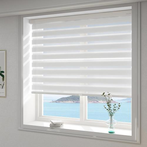 Cordless Zebra Blinds for Windows –(34 W x 64 H,White) Dual Layer Fabric Roller Shades, Custom, Sheer Shades Ideal for Home,Sliding Glass Door and Office