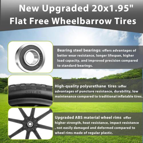 Upgraded 20 Flat Free Wheels Compatible with rubbermaid Wheelbarrow Tires, 20 Flat Free Tires with 5/8 Bearings Replacement for rubbermaid Cart Wheels/Big Wheel Utility Carts(5/8 Bearings)