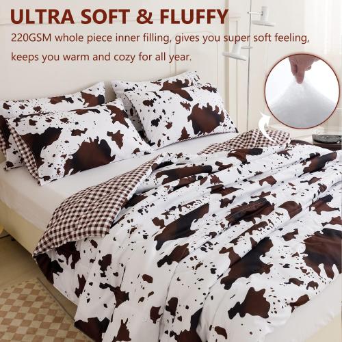 PERFEMET 3Pcs Cow Comforter Set King Size Rustic Cow Print Western Bedding Sets Farmhouse Reversible Checkered Cowhide Bed Quilt Set with Pillowcases (Brown White, King)