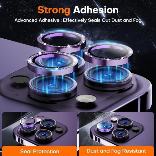 Camera Lens Protector for iPhone 17 Pro Max/17 Pro/16 Pro Max/16 Pro/15 Pro Max/15 Pro/14 Pro Max/14 Pro, Tempered Glass Metal Individual Cover[Anti-drop] Case Friendly-Glitter Deep Purple