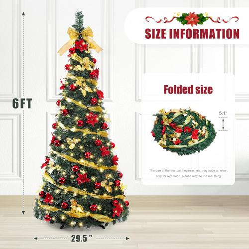 Decoway Pre Lit Pre Decorated Christmas Tree Pop Up Christmas Tree and Warm White LED Lights,Holiday Party Decorations,Red Gold (Yellow, 6 FT)