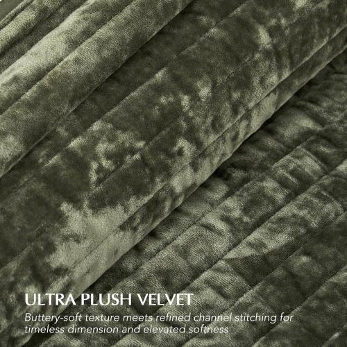 EVERGRACE Velvet Quilt Set Queen Size, Luxurious Soft Striped Channel Bedding Set, Lightweight Velvet Comforter for All Season, Quilted Bedspread Coverlet with 2 Matching Shams, Olive Green