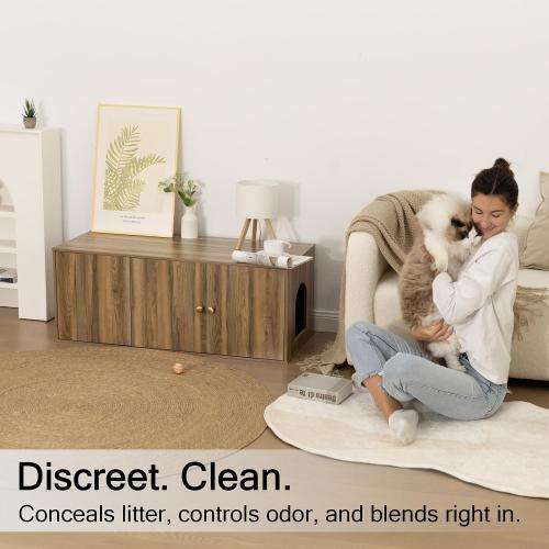Cat Litter Box Enclosure Furniture with Storage, Hidden Litter Box Cabinet 42.5L x 18.5W x 16.9H, Double as Cat House TV Stand End Table for Living Room, Midcentury Modern Style (Pine, Plain Doors)