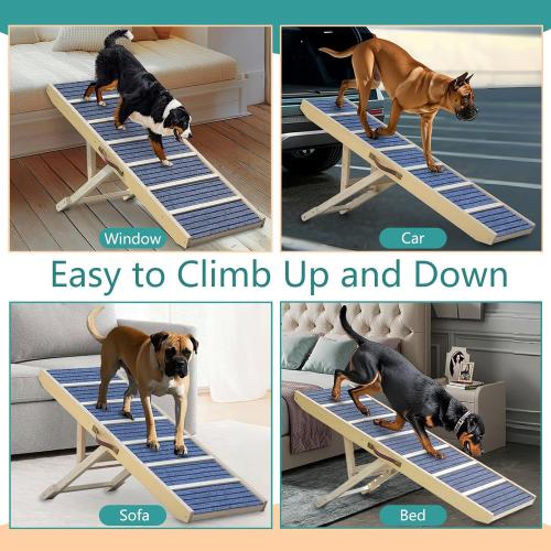 Dog Ramp for Bed, Upgraded 46.8 Long Portable Dog Ramp for Couch, Wood Folding Pet Ramp for All Breeds Large Old Dogs to Get on Bed, 5 Adjustable Heights 14.8 to 26.2 (Wood, Up to 150lbs)