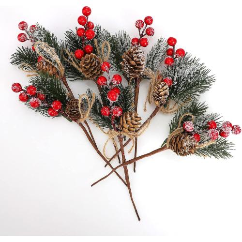 Christmas Pine Picks, 6inch Christmas Red Berry Picks Stems, Artificial Pine Cones Holly Stem Craft, Winter Holiday Flocked Holly Floral Picks for Crafts DIY Xmas Tree Ornaments