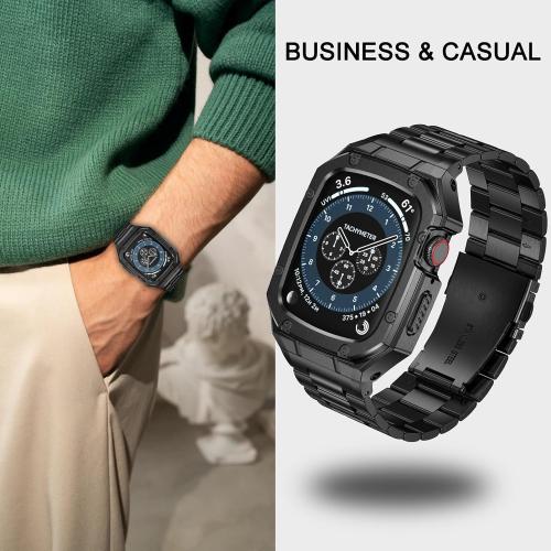 Stainless Steel Watch Band with Case Compatible with Apple Watch Series SE 3 2 1/6 5 4 (40mm) Series 9 8 7 3 2 1 (41mm 38mm), Metal Protective Bumper Cover for iWatch Bands Men (Black)