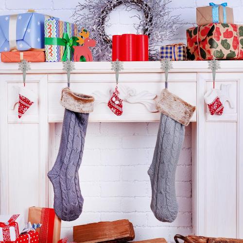 Peryiter 12 Pieces Snowflake Christmas Stocking Holders for Mantle Christmas Stocking Hooks Metal Sock Hangers Holder Stand Weighted for Fireplace(Silver)