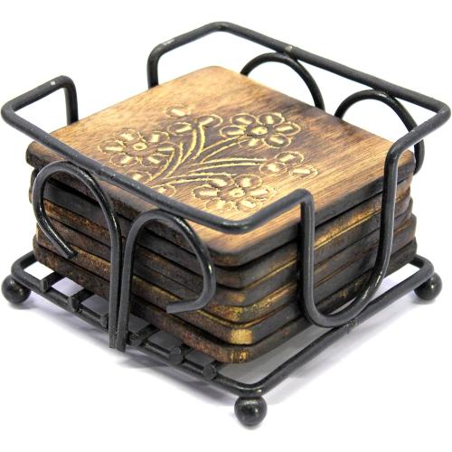 StonKraft Wooden Tea Coffee Coasters/Rustic Vintage Look Coasters Set with Wrought Iron Holder