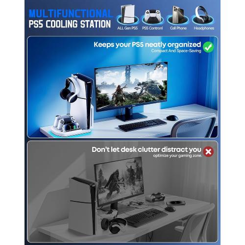 Cooling Station with Controller Charger for PS5/Slim/Pro, PlayStation 5 Vertical Stand for Disc & Digital Console, Dual PS 5 Controller Charging Station with 3 Level Cooling PlayStation 4 Chargers