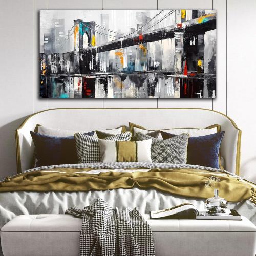 CANEITO New York City Wall Art for Living Room, Brooklyn Bridge Canvas Wall Decor for Bedroom, Black and White Cityscape Print Paintings, Size 24x48 Inches