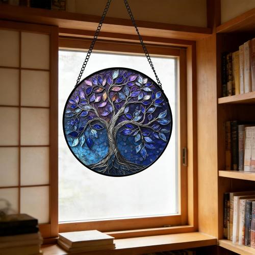 DASTOLL Stained Glass Window Hanging, Blue Purple Tree of Life Sun Catchers Colorful Glass Panel Plants Suncatcher Decor for Birthday for Women,Men,Wife, Lovers, and Mom 14.9x14.9 in