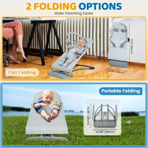 Orzbow Baby Bouncer Seat, Portable Infant Chair, 0-18 Months, Up to 20 Ibs | Foldable & Lightweight, Ergonomic 3-Positions Recline for Baby's Comfort, Removable Play Bar, Washable Cover, ASTM Certified