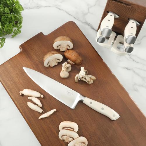 Sur La Table Kitchen Essentials Tasting Kitchen High-Carbon German Steel 8 Piece Full Tang Forged Cutlery Knife Block Set - Eggshell White W/Ashwood Block
