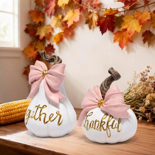 Hodao Thanksgiving White Pumpkin Decorations – Hand-Painted Resin Figurine Set with Pink Bow, Fall Harvest Autumn Ornaments, Gift for Mantel, Dining Table, Tiered Tray, Seasonal Home Décor