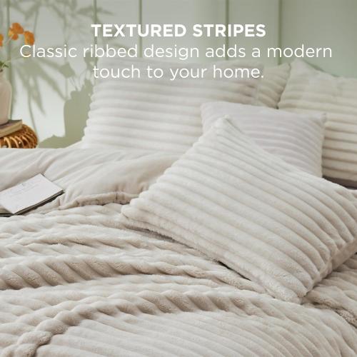 Bedsure Queen Comforter Set - GentleSoft™ 3 Pieces Fluffy Double-Side Fleece Comforter Set, Cozy Striped Room Decor Aesthetic, Luxury Linen Bedding Queen Size with 2 Pillowcases, 90x90 Inches