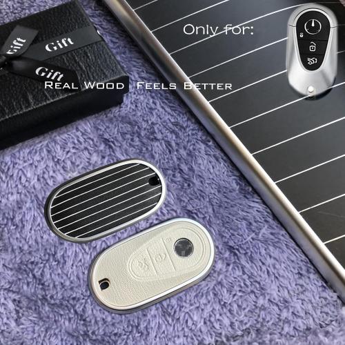 Compatible with Mercedes Benz Key case Key fob Cover Real Wood Veneer Genuine Leather Key Fob Shell Gift C GLC E S ect 2022-2023-newer (Beaufort Oak, White Leather)