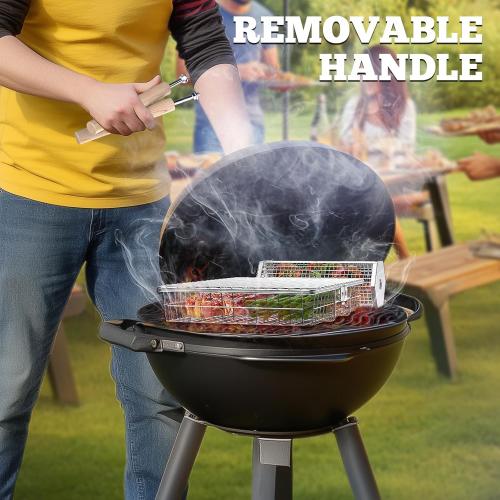 ivtivfu Grill Basket Set, Removable Wooden Handle, Rolling Grilling Tools | 304 Stainless Steel, Smoker BBQ Accessories for Vegetable Fish, Outdoor Cooking Camping, Birthday Gifts for Men Dad Husband