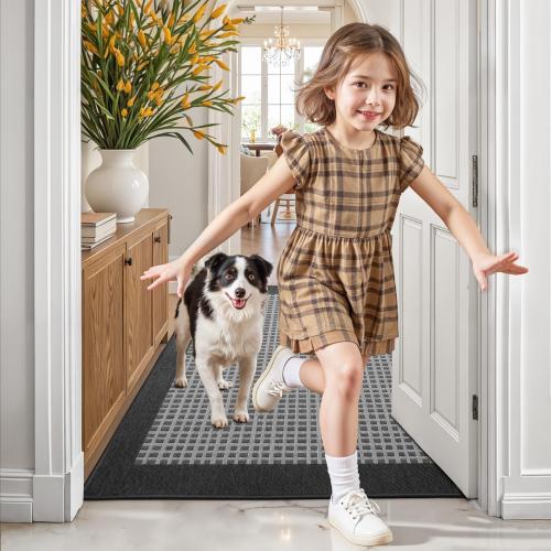 LUMI Inside Door Mat for Entry 17''x30'', Absorbent, Dirt Trapper, Low Profile Thin, Non Slip Mats with Rubber Backing, Ideal for Indoor, High Traffic, Garage, Entrance, Checkered Black