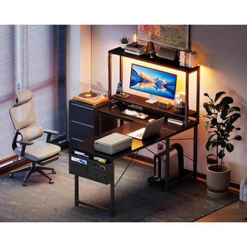 AODK L Shaped Desk Gaming Desk with LED Light & Power Outlet, 43 Inch Reversible L Shaped Computer Table with Shelf, Corner Desk with Storage Bag&Hook for Home Office Desk, Black