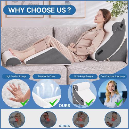 Wedge Pillow Set for After Surgery, 5 PCS Bed Wedge Pillow for Sleeping, Memory Foam Orthopedic Back Adjustable Pillow for Pain Relief and Acid Reflux with 2 PCS Axilla Pillow Grey