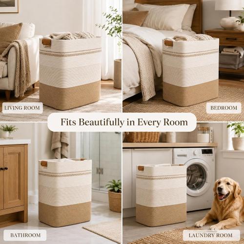 Laundry Hamper, Cotton Rope Laundry Basket with Leather Handles, 21.1-Gallon/80 L Large Clothes Hampers for Laundry, Handwoven Laundry Baskets for Blankets, Children Toys, Bedroom, Living Room